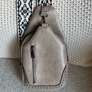 Taupe Vegan Leather Sling Crossbody Purse with Patterned Strap